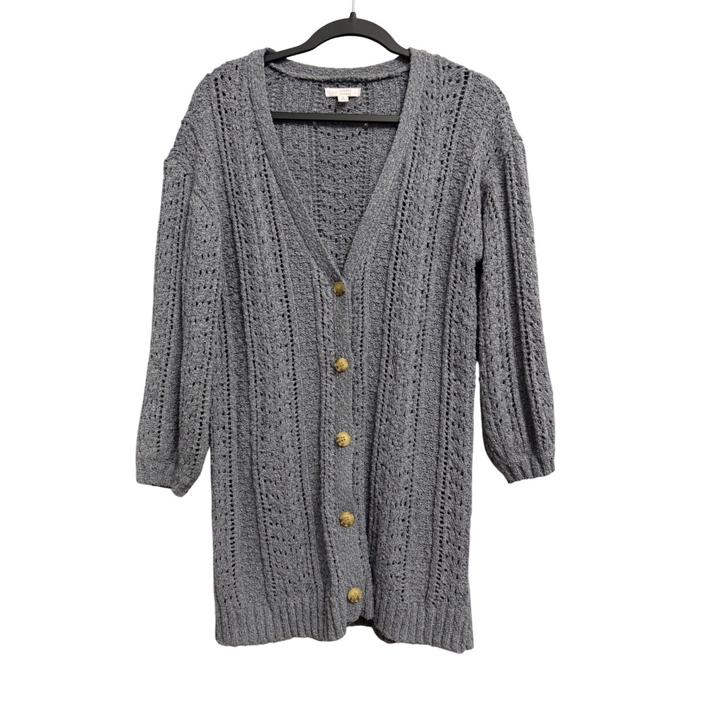 LC Lauren Conrad Small Blue Gray Pointelle Knit Button Front Cardigan Sweater